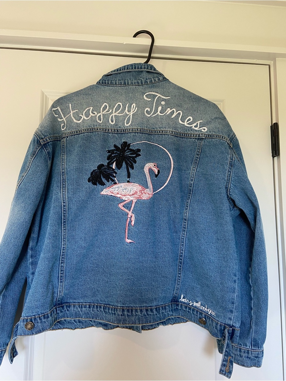 Denim Jean Jacket with Pink Flamingo Embroidery - Happy Times